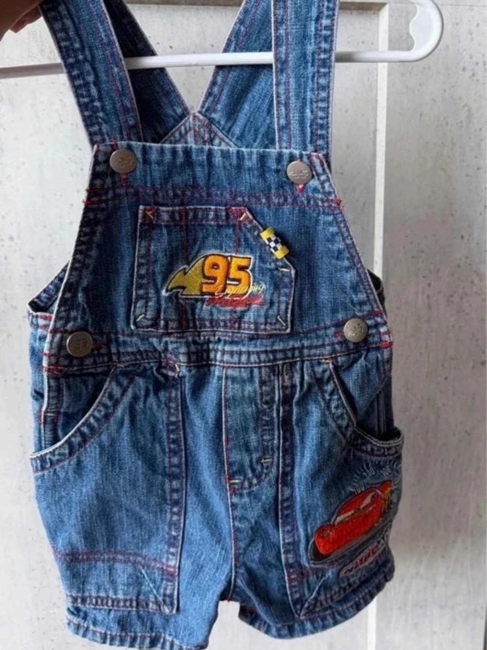 Blue Denim Kids Short Overalls with Race Car 95 Patch
